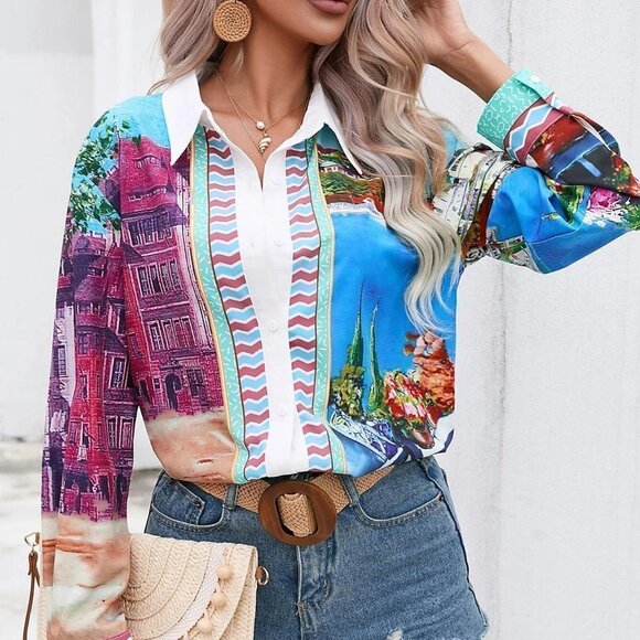 . Tops - Multicolor Boho Womens Building Print Drop Shoulder Shirt